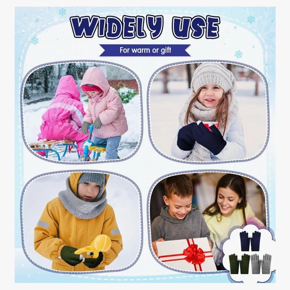 🆕 3 Pairs Winter Kids Thermal Fleece Lined Gloves for Cold Weather Boys Girls